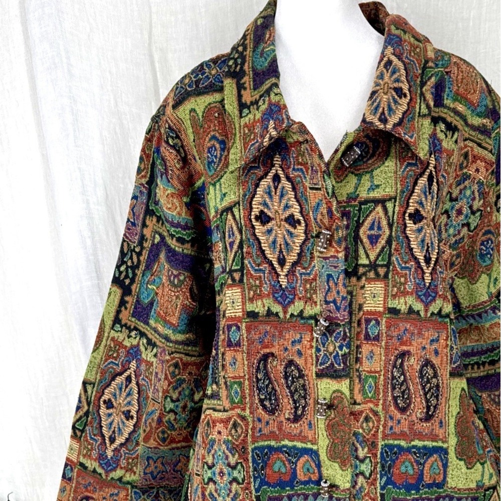 Vintage 90s Tapestry Jacket Womens 3X Artsy Boho Patchwork Beaded Woven Pockets